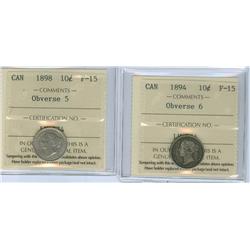 1894 Obv.6 and 1898 Obv.5  Lot of 2 ICCS graded 10¢ coins, b