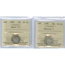 1898 Obv.6 and 1899 Sm.9's  Lot of 2 ICCS graded 10¢ coins, 