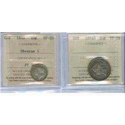 1898 10¢ Obv 5 & 1874H 25¢.  Lot of 2 coins both ICCS VF20