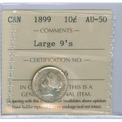 1899 Large 9's 10¢ ICCS AU50  Brilliant with lots of luster.