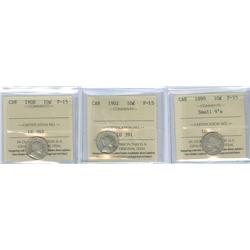 1899 Sm.9's, 1902 and 1908.  Lot of 5 ICCS graded 10¢ coins,