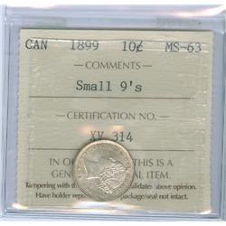 1899 10¢ Sml 9's ICCS MS63.  Well struck and lustrous exampl