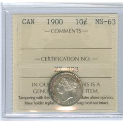 1900 10¢ ICCS MS-63 PQ+. Light toning over full underlying l