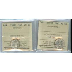 1902H and 1903H Lot of 2 ICCS graded 10¢ coins, both AU50. 