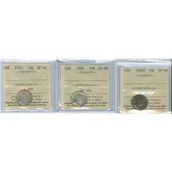 1902H, 1906 and 1910.  Lot of 3 ICCS graded 10¢ coins, all E