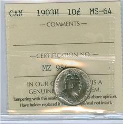 1903H 10¢ ICCS MS64. Funny look yet quite attractive.  Shoul
