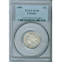 1900 25¢ PCGS AU50.  Full white and lustrous.