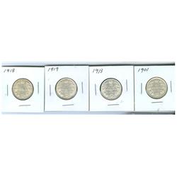 1901-1919 25¢.  Lot of four coins all white and brilliant. L
