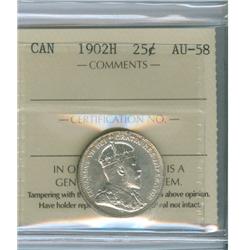 1902H 25¢ ICCS AU58. Bright with light rim tone.