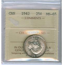 1942 25¢ ICCS MS65.  Frostly with light rim tone.