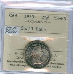 1953 25¢ Sml Date ICCS MS65.  Lovely eye appeal and gorgeous