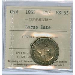1953 Large date 25¢ ICCS MS65. Superbly toned with great und