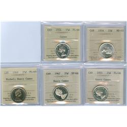 1954 - 1968 25¢.  Lot of five coins including 1954 MS63, 195