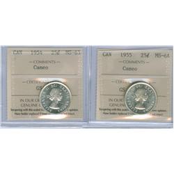 1954 & 1955 25¢. Lot of two ICCS graded coins MS63 and MS64.
