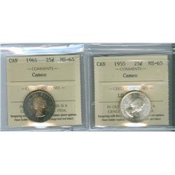 1955 and 1961.  Lot of 2 ICCS graded 25¢ coins, both MS65 CA