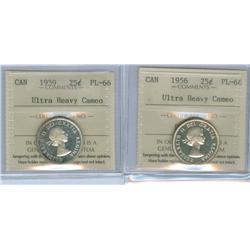 1956 & 1959 25¢ ICCS PL66 Ultra Heavy Cameo. Lot of two coin