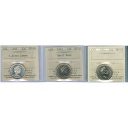1968 25¢ Cameo, Silver, 1973 Sml Bust and 1991 25¢ ICCS MS65
