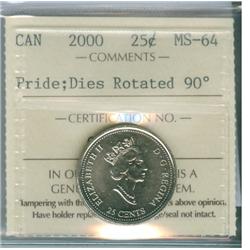 2000 25¢ Pride, Dies rotated 90% ICCS MS64.