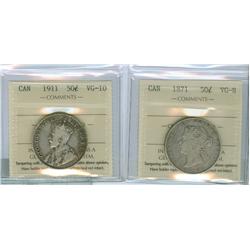 1871 VG8 and 1911 VG10  Lot of 2 ICCS graded 50¢ coins, 