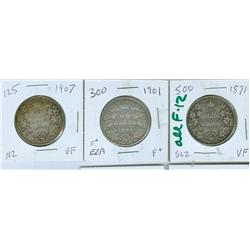 1871, 1901 & 1907 50¢.  Lot of 3 coins all F12.