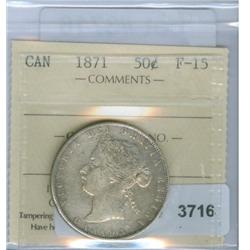 1871 50¢ ICCS F-15. Light to medium heavy toning. Cleaned, a