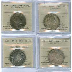 1906, 1907, 1909 & 1910 Edw Lvs 50¢.  Lot of four coins all 