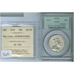 1910 50¢ Edw Lvs PCGS/ICCS AU55.  Brilliant white example.
