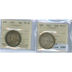 1911 50¢ ICCS F-15; 1913. ICCS VF-20. Lot of two (2) coins. 