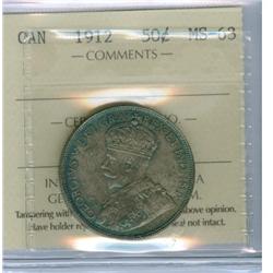 1912 50¢ ICCS MS63.  Shows brownish tone with bluish rim ton