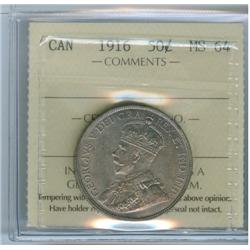 1916 50¢ ICCS MS64.  PQ tone and lustre.