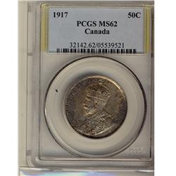1917 50¢ PCGS MS62.  Spotty golden to bluish tone.