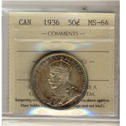 1936 50¢ ICCS MS64.  Rainbow toning with lustre.