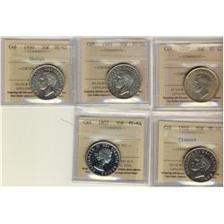1937-1957 50¢.  Lot of five ICCS certified coins.  Includes 