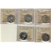 1937-1957 50¢.  Lot of five ICCS certified coins.  Includes 