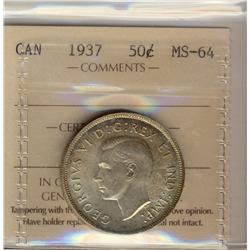 1937 50¢ ICCS MS64.  Lustrous with hint of golden to green t