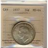 1937 50¢ ICCS MS64.  Lustrous with hint of golden to green t