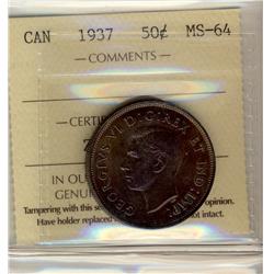 1937 50¢ ICCS MS64.  Dark tone with lots of underlying lustr