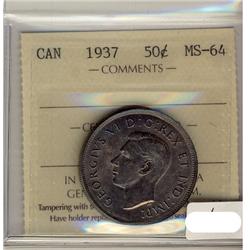 1937 50¢ ICCS MS64.  Lustrous with dark toning.
