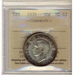 1939 50¢ ICCS MS63.  Lustrous.