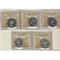 1946-1956 50¢.  Lot of five ICCS MS63 certified coins includ
