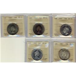 Lot of 5 ICCS graded MS-64 50¢; 1949, 1963 (2), 1967 (2). So