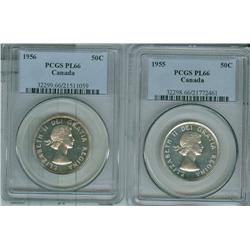 1955 & 1956 50¢ PCGS PL66.  Lot of 2 coins both lustrous.