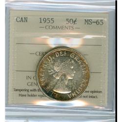1955 50¢ ICCS MS65.  White with golden rim tone.