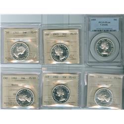 1959 50¢- 1963 50¢. Lot of six PL coins.  Includes 1959 PL66