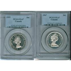 1959 & 1967 50¢ PCGS PL67.  Lot of 2 coins both blast white 