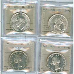 1935, 1937, 1954 & 1955 $1 ICCS MS63.  Lot of 4 coins.