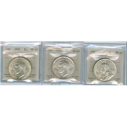1936, 1938 & 1939 ICCS $1.  Lot of three coins including 193