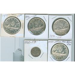 1936-1957 $1.  Lot of 5 coins including 1925 5¢ F12.  Silver