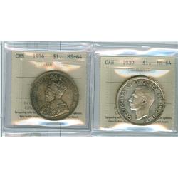 1936 & 1939 $1 ICCS MS64.  Lot of two coins.  The 1939 is Ca