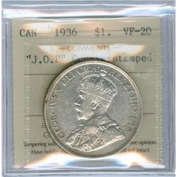 1936 $1 J.O.P. Counterstamped ICCSVF20, Popular!